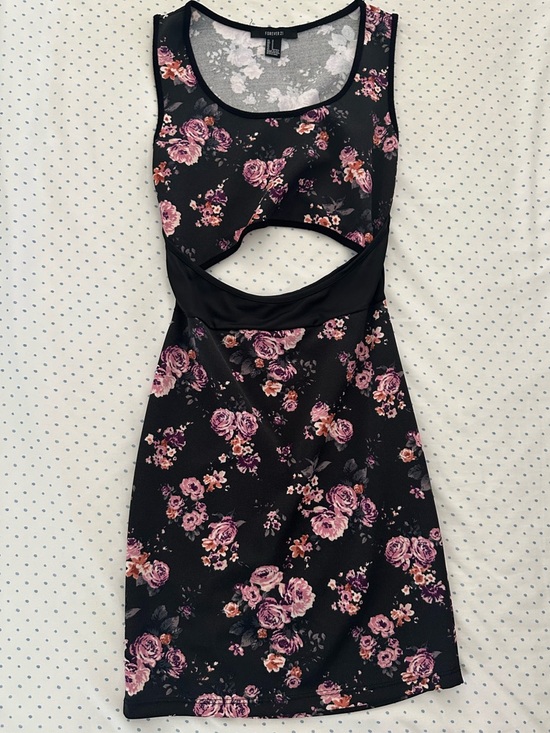 Forever 21 Dresses & Skirts - Forever 21 Floral Cutout Waist Floral Mini Dress Black with Pale Pink Roses